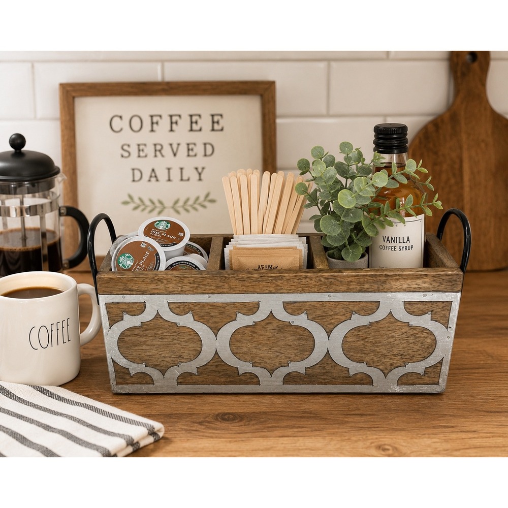 ACN Handcrafted Wood Utensil Caddy 3 Compartment Silver Quatrefoil Metal Overlay